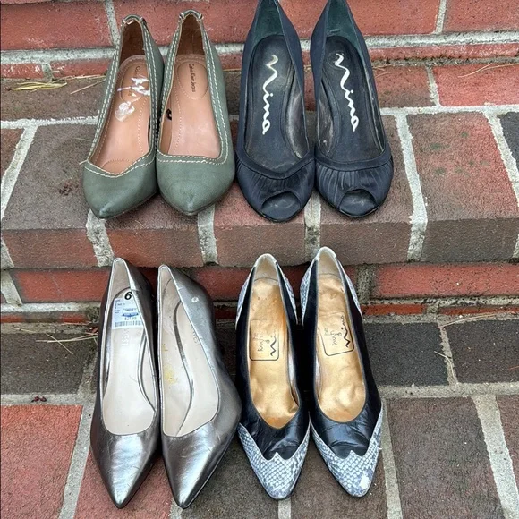 Bundle of Women's Pumps - silver, black peep toe, olive, grey patterned - Picture 1 of 15